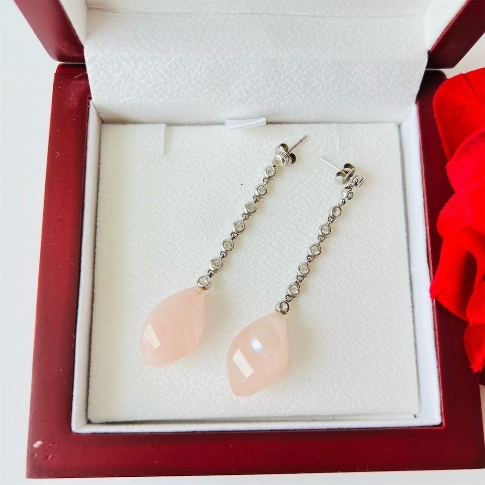 FR Sterling Silver 925 Dangle Earrings Pink Quartz Teardrop CZ  Bezel Chain